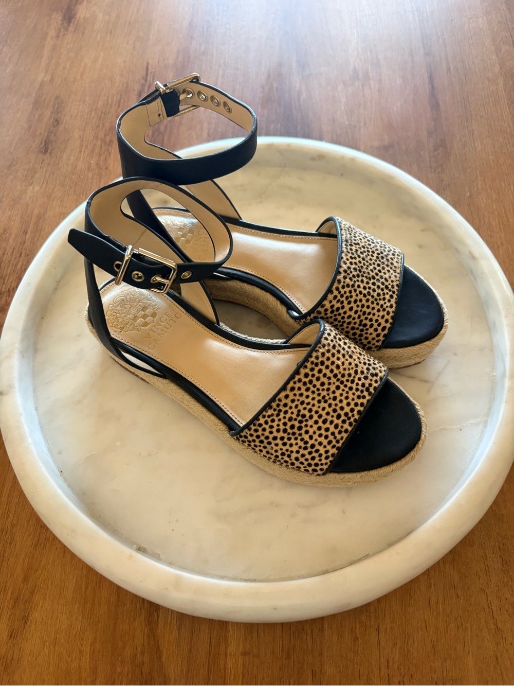 Vince Camuto Black & Tan Leopard Espadrille calf fur Wedge Sandals